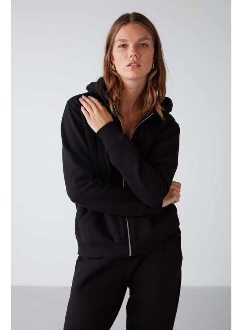 GRIMELANGE Carlota Women's Soft Polar Fleece 3 Thread Relaxed Hooded Zippered Black Sweatshirt - Image 3